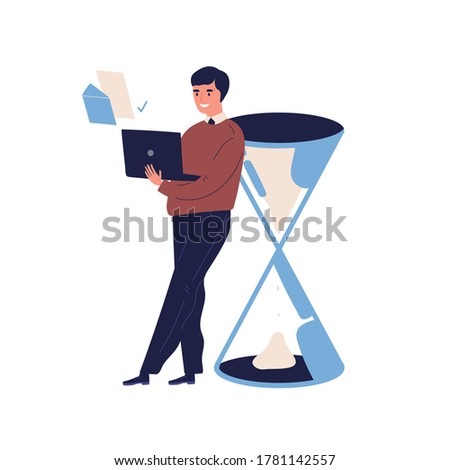 Concept of successful task completion, organize effective plan, good time management. Happy man stand by giant clock, sandglass, hold laptop. Flat vector cartoon illustration isolated on white