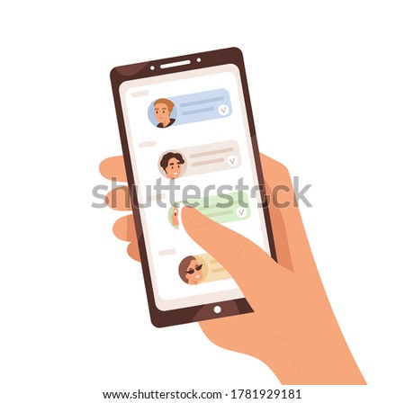 Human hand holding smartphone with dialogue app on screen vector flat illustration. Person chatting, sharing news and refer friends online isolated on white. Forward messages or information