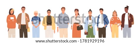 Group of friendly diverse people standing together vector flat illustration. Men and women of various ages posing isolated on white. Happy old and young generations characters. Social diversity