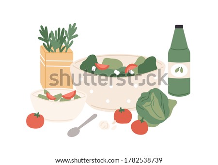 Composition of fresh vegetable salad and juice vector flat illustration. Chopped tomato, cabbage, cucumber and greenery in bowls for healthy nutrition isolated. Appetizing vegetarian lunch or dinner