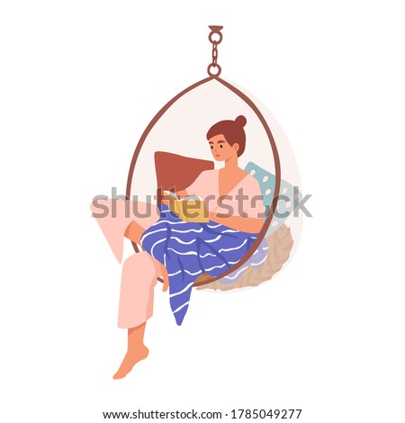 Relaxed domestic girl sitting in comfy hanging chair reading book vector flat illustration. Woman resting covered blanket surrounded by pillows isolated. Female enjoying recreation and selftime