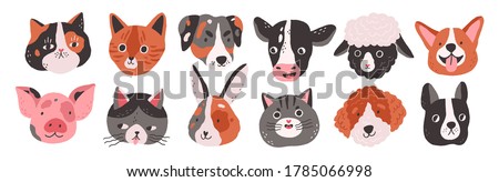 Set of happy funny domestic animals or farm pet. Different faces, muzzles, heads or avatars. Cats, dogs, sheep, cow, pig, rabbit or hare. Flat vector cartoon illustration isolated on white background