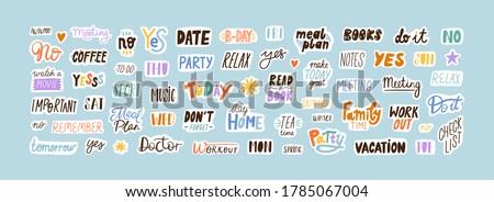 Collection of sticker words template vector flat illustration. Bundle of decoration for weekly or daily planner and diaries isolated on white. Funny decor with trendy lettering and design elements