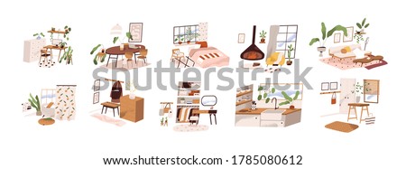 Set of stylish mid century scandinavian apartment design interiors. Cozy furnished living room, homey bedroom, hygge kitchen, hallway. Flat vector cartoon illustration isolated on white background