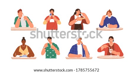 Set of happy people eating delicious dessert at cafe. Sweet addiction, harmful snack. Enjoyment, pleasure or sweet tooth concept. Flat vector cartoon illustration isolated on white background