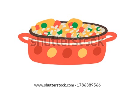 Arroz con Pollo, traditional Cuban, Mexican or Spanish spicy dish. Paella, risotto cooked in saucepan. Vegetarian, vegan fried rice. Flat vector cartoon illustration isolated on white background