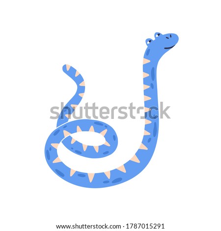 Childish animal portrait. Cute, funny, bright blue striped snake or suspicious python character. Design element for t shirt print. Flat vector cartoon illustration isolated on white background