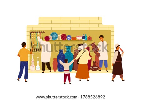 Arabic, Oriental, Eastern street haggling, market souk, local bazaar. People walking in marketplace. Tourist buy clay pot, plate, pottery, hookah. Flat vector cartoon illustration isolated on white