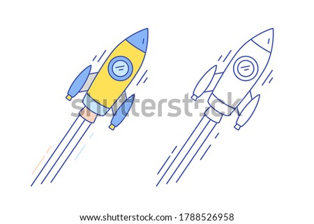 Concept of product development, project launching, startup. Colorful, monochrome flying spaceship, spacecraft, shuttle, moon rocket icon. Vector line art illustration isolated on white background