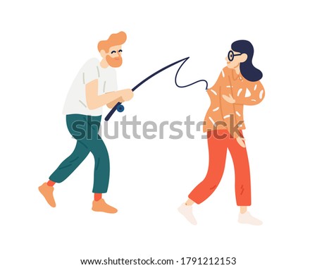 Funny man catching woman to fishing rod vector flat illustration. Guy trying to catch victim on hook isolated on white. Searching for couple. Pick up partner, love, relationship, girlfriend or wife