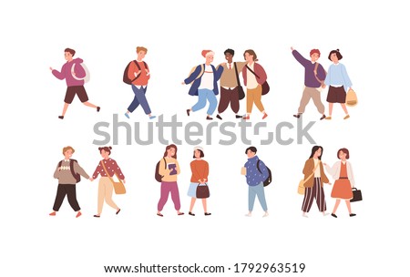 Set of cute children with backpack or bag going to elementary or middle school vector flat illustration. Collection of funny pupils or students isolated on white. Kids friends or classmates