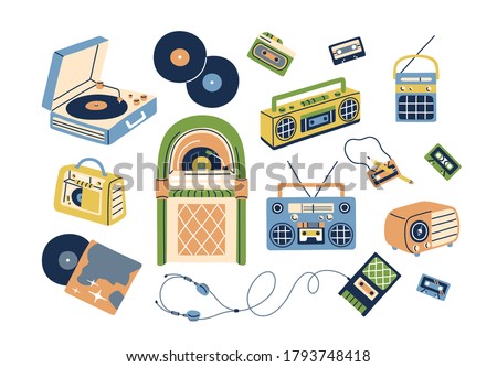 Collection of retro analog music players and cassette recorder, headphones, tape, jukebox, boombox. Set of vintage audio devices - turntable, vinyl record. Flat vector illustration isolated on white