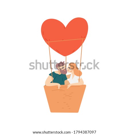 People, couple flying, heart-shaped hot air balloon. Man and woman cuddling, kiss, hug. Romantic date, relationship concept. Scene of love idyl. Flat vector cartoon illustration isolated on white