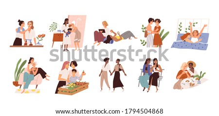 Set of diverse homosexual multiracial lesbian couples. International gay family bundle with children. Female parents, different ages. Flat vector cartoon illustration isolated on white background.
