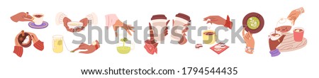 Collection of woman hands holding hot drinks and beverage. Brewing or pouring green and black or matcha tea, cacao, espresso coffee with sugar. Flat vector cartoon illustration isolated on white.