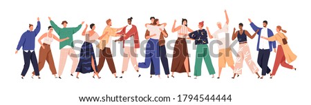 Crowd of happy diverse hugging people. Concept of friendship day, unity. Celebration or congratulation of multiracial students or friends. Hugs flat vector cartoon illustration isolated on white.