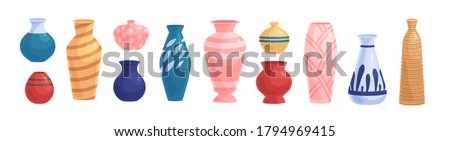 Set of different pottery, clay crockery. Oriental, turkish, modern pot and flower vases of various sizes, shapes. Home decoration object. Flat vector cartoon illustration isolated on white background