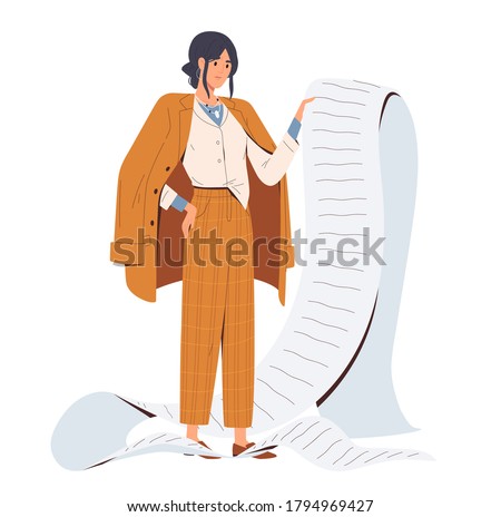 Sad stylish business woman hold giant task list, paper document, shopping bill, tax invoice. Time management or payment concept. Impossible agenda. Flat vector cartoon illustration isolated on white