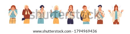 Set of amazed, surprised young people. Young man and woman with open mouths and excited reactions. Wow effect. Happy, glad teenagers. Flat vector cartoon illustration isolated on white background Stockfoto © 