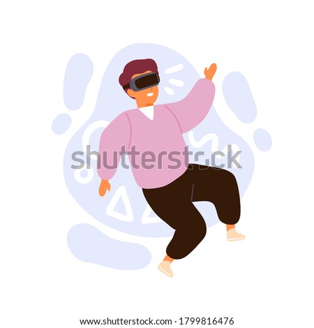 Cute little boy wearing vr glasses immersing in cyberspace vector flat illustration. Cheerful male child in 3d headset at virtual reality world isolated on white. Playing online game simulated space