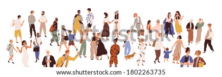 Crowd of multiethnic male and female person vector flat illustration. Diverse various people walking, hugging, talking to each other isolated on white. Smiling man, woman, couple and children