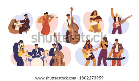 Set of people with different musical instrument vector flat illustration. Collection of music bands, musicians singing and playing music instruments isolated. Person with art hobby or profession