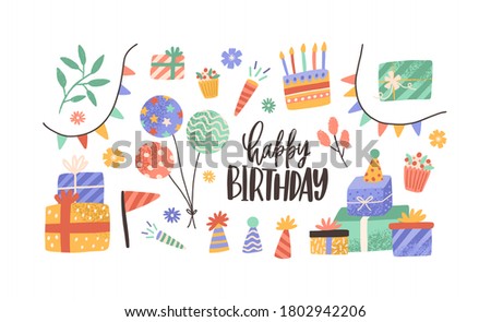 Set of hand drawn decoration with inscription Happy Birthday vector flat illustration. Collection of cone hat, garland flag, present boxes and balloons isolated. Festive objects with design elements
