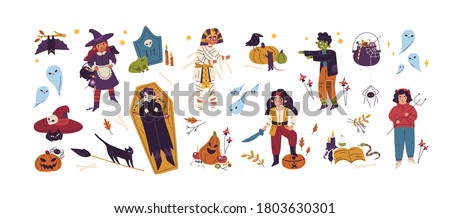 Halloween childish bundle with jack o lantern, coffin, witch, pirate, vampire and zombie. Cute creepy collection with childlike Helloween elements. Flat vector cartoon illustration isolated on white