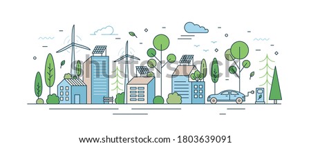 Urban landscape with modern eco friendly technologies vector illustration in line art style. Cityscape architecture with solar energy on roof, wind power, and electric transport isolated on white