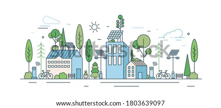 Cityscape with modern eco friendly technology vector illustration in line art style. Municipal area with ecology transport, wi-fi zone, natural park and solar energy equipment isolated on white
