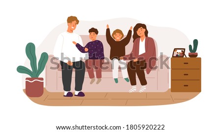 Happy family smiling sitting on couch vector flat illustration. Joyful parents and children spending time together at home isolated. Mother, father, son and daughter rejoicing enjoying weekend