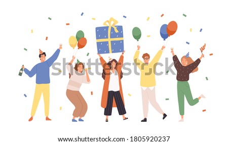 Group of happy people raising hands celebrating holiday with colorful confetti vector flat illustration. Woman hold gift box having fun with friends isolated. Person with balloons and champagne