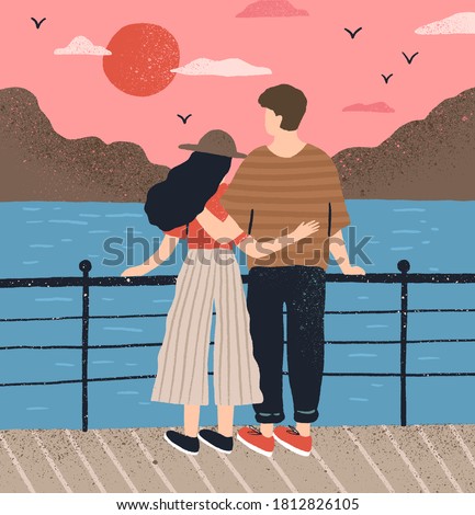 Couple hugging standing on waterfront admiring seascape at sunset vector flat illustration. Man and woman having romantic date back view. Boyfriend and girlfriend relaxing together on embankment
