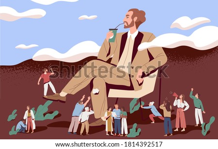 Concept of arrogance or bossy manager who doesnt listen to subordinates opinion. People shout out for haughty boss who sit in chair. Flat vector cartoon illustration of selfish management