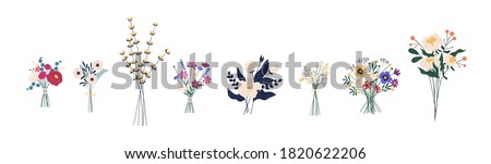 Set of different beautiful bouquets with garden and wild flowers vector flat illustration. Collection of various blooming plants with stems and leaves isolated on white. Floral decoration or gift
