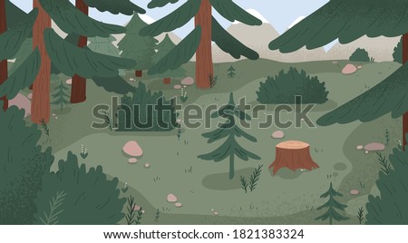 Natural forest landscape vector flat illustration. Wild woods scenery with spruces, stumps, bushes, trees and grass. Empty environment with plants and mountains. Wilderness area, woodland location