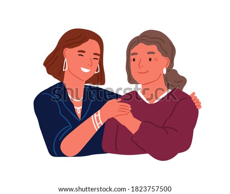 Happy adult daughter hugging old mother feeling love to each other vector flat illustration. Friendly family relationship isolated. Smiling trendy woman embracing aged female having positive emotion
