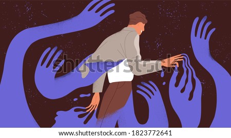 Psychological concept of influence, manipulation or addiction. Character surrounded by giant creeping hands. Addicted man break through fear or dependence. Vector illustration in flat style