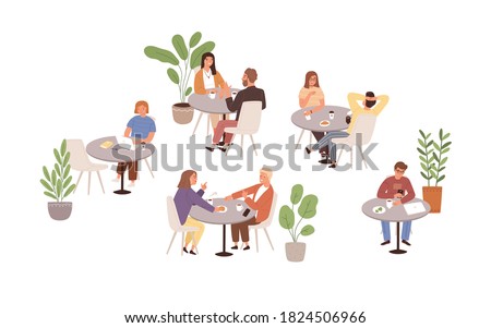 People sitting at tables in cafe or restaurant vector flat illustration. Man, woman and couple talking, eating, drinking and working at cafeteria isolated. Person spending time at public place
