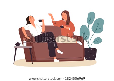 Smiling woman friends drinking tea at home vector flat illustration. Happy female laughing and gossiping sit on comfortable couch isolated. People spending time together having friendly conversation