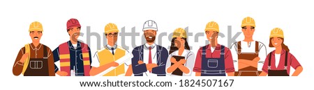 Team of builders and industrial workers standing together vector flat illustration. Portrait of smiling colleagues in uniform and hard hats isolated. Man and woman industry or construction employees