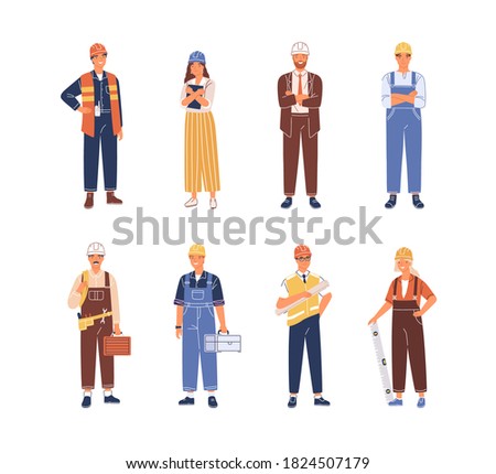 Set of smiling people industry or construction workers, engineers vector flat illustration. Collection of man and woman in uniform and hard hats isolated on white. Person with professional equipment
