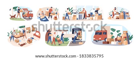 Set of people moving or leaving their homes and offices. Family couples pack belongings and relocating to new apartments. Transportation service. Flat vector cartoon illustration isolated on white