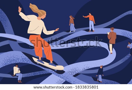 Psychological concept of important key points in memory or searching and finding life path. People going in past by psychotherapy. Flat vector cartoon illustration of people at tangled ways 商業照片 © 