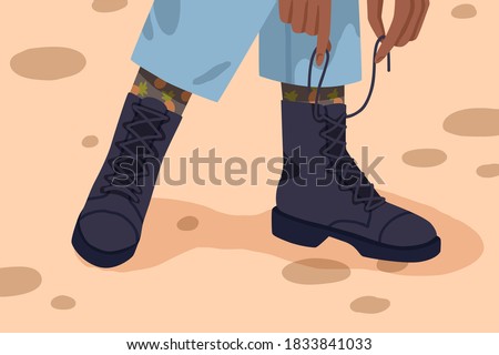 Woman black trendy high lace up army boots. Female feet in unisex comfortable footwear. Character tying shoelaces. Autumn, winter or spring footgear. Flat vector cartoon illustration