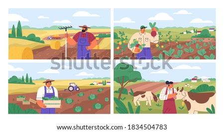 Set of horizontal banners with farmers picking crops, taking care of cows, making hay. People at farm vector flat illustration. Scenes with agricultural workers on farmland isolated. Harvest season