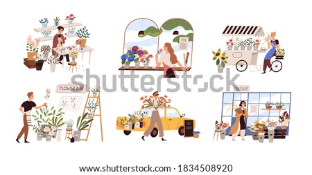 Set of people work at florist shop or store. Woman compose bouquet on table, man spray, hold, carry fresh flowers from car. Floristry handicraft on white. Flat vector cartoon isolated illustration
