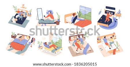 Collection of different people relax in cozy bedroom. Women, men and children lying, playing, sleeping, cuddling, reading in bed. Rest at home. Flat vector cartoon illustration isolated on white