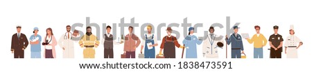 Collection of people of different professions isolated on white background. Backdrop with male and female workers. Specialists in uniform. Vector illustration in flat cartoon style
