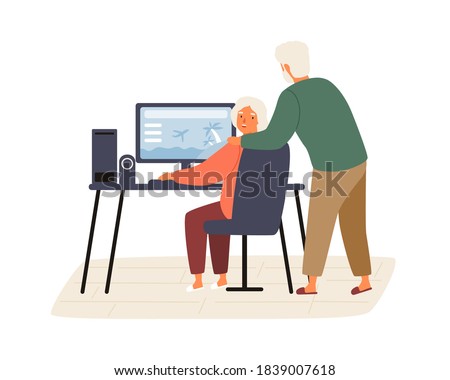 Elderly couple plan vacation trip together. Pensioners searching for tour at computer. Senior family looking for flight tickets. Flat vector cartoon illustration isolated on white